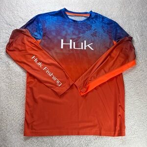 Huk Blue and Orange Performance Long Sleeve Shirt size Large